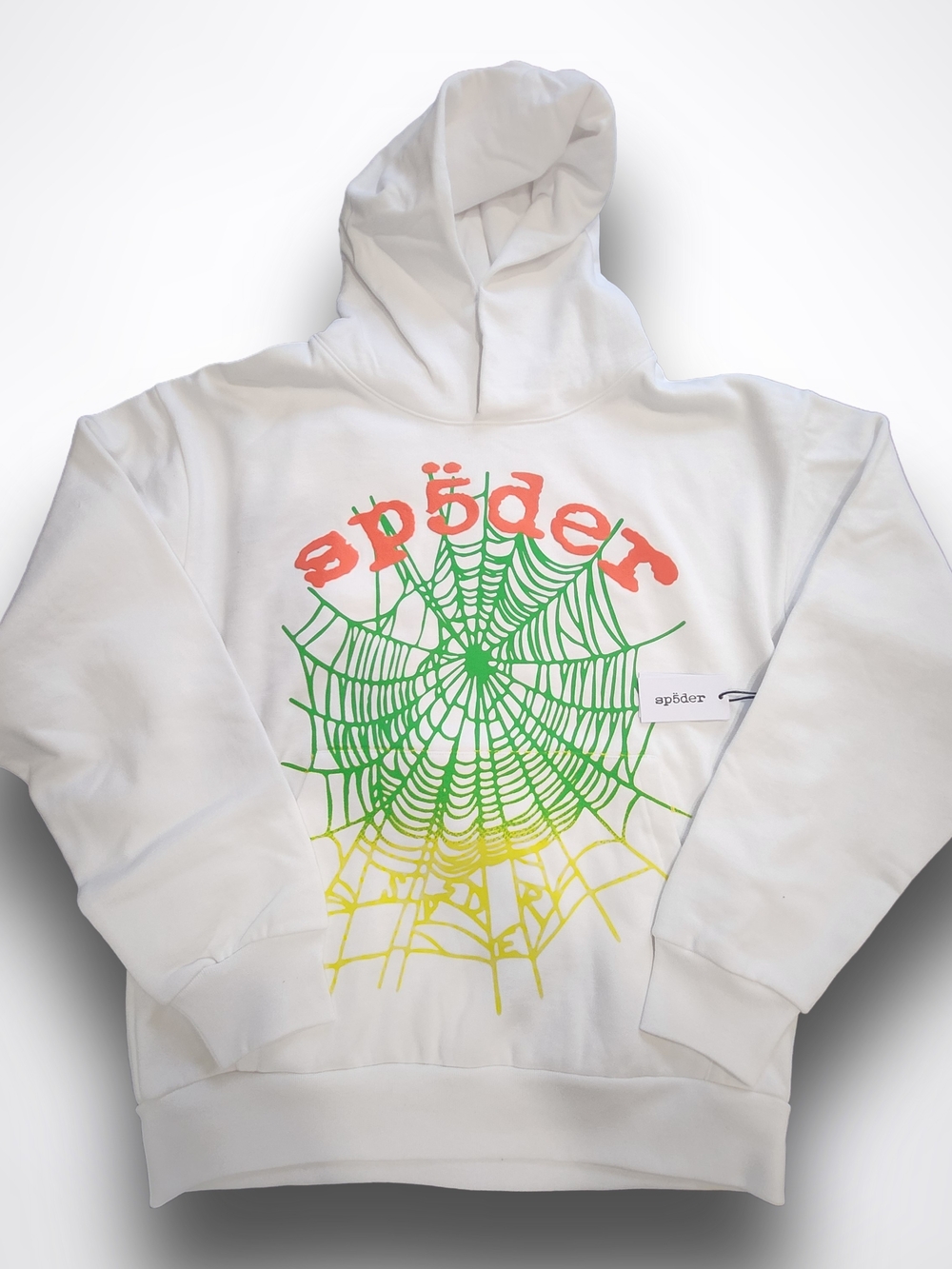 ✨ BRAND NEW Sp5der OG WebWhite Hoodie with Gradient Green-Yellow Spiderweb Print